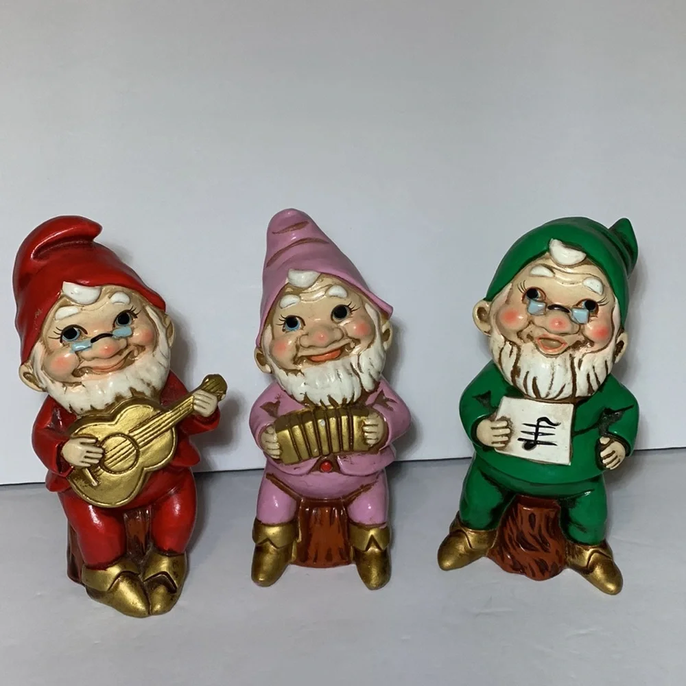 Vintage Elves Musical Instruments Made In Japan Gnomes Christmas Harp Accordion